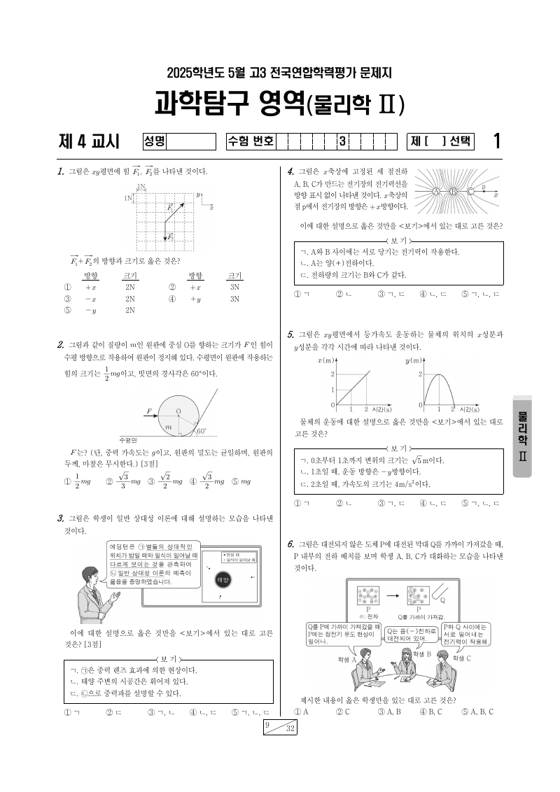 2025년 5월 고3 학력평가 물리학2 시험지 첫 페이지