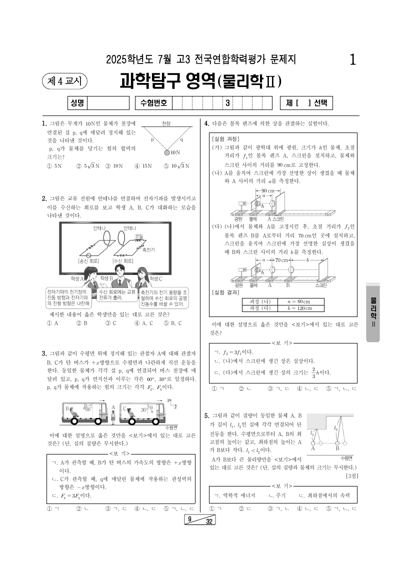 2025년 7월 고3 학력평가 물리학2 시험지 첫 페이지