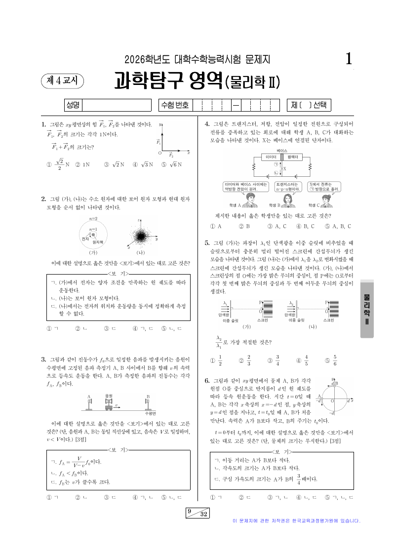 2026학년도 대학수학능력시험 물리학2 시험지 첫 페이지