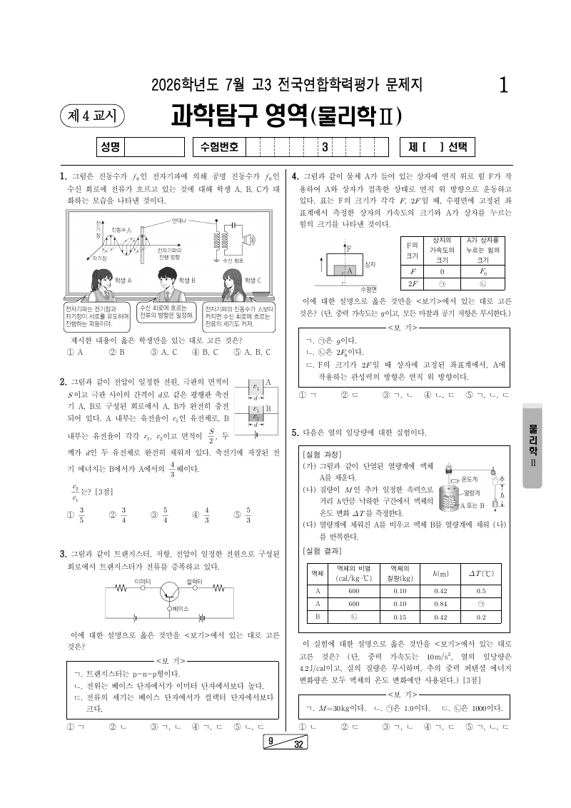 2026년 7월 고3 학력평가 물리학2 시험지 첫 페이지