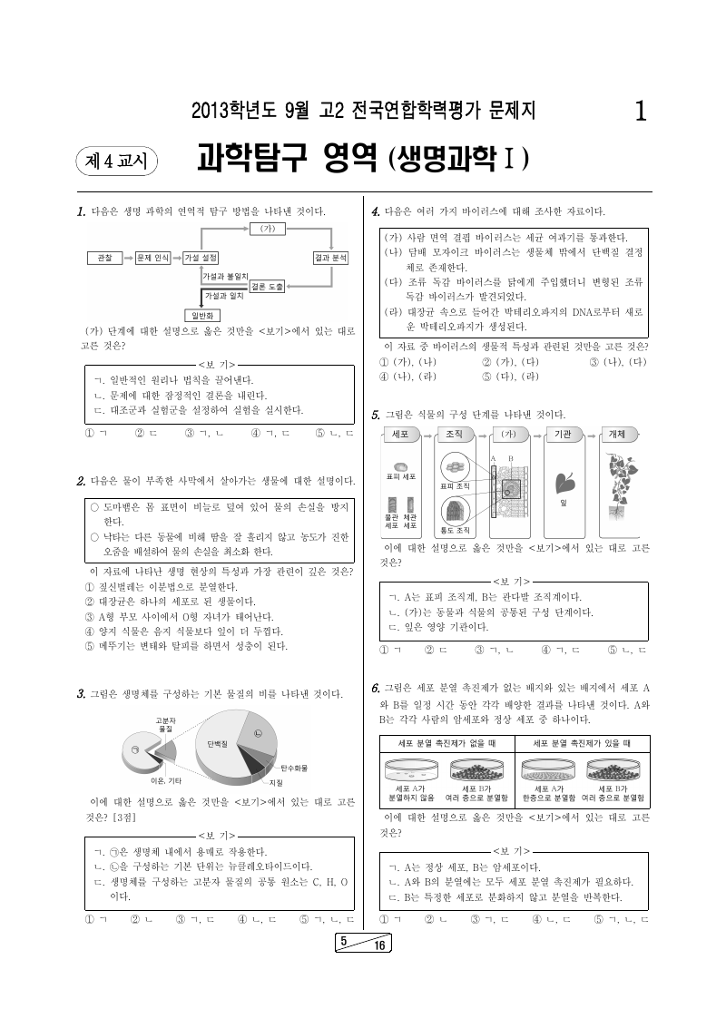 2013년 9월 고2 학력평가 생명과학1 시험지 첫 페이지