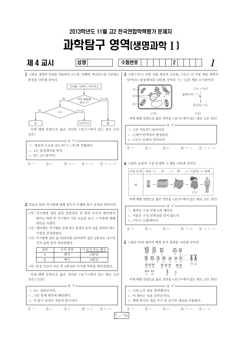 2013년 11월 고2 학력평가 생명과학1 시험지 첫 페이지