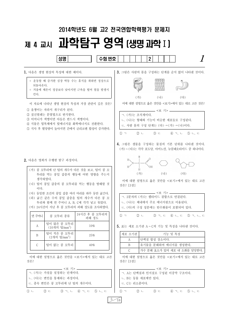 2014년 6월 고2 학력평가 생명과학1 시험지 첫 페이지