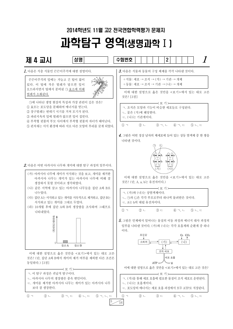 2014년 11월 고2 학력평가 생명과학1 시험지 첫 페이지