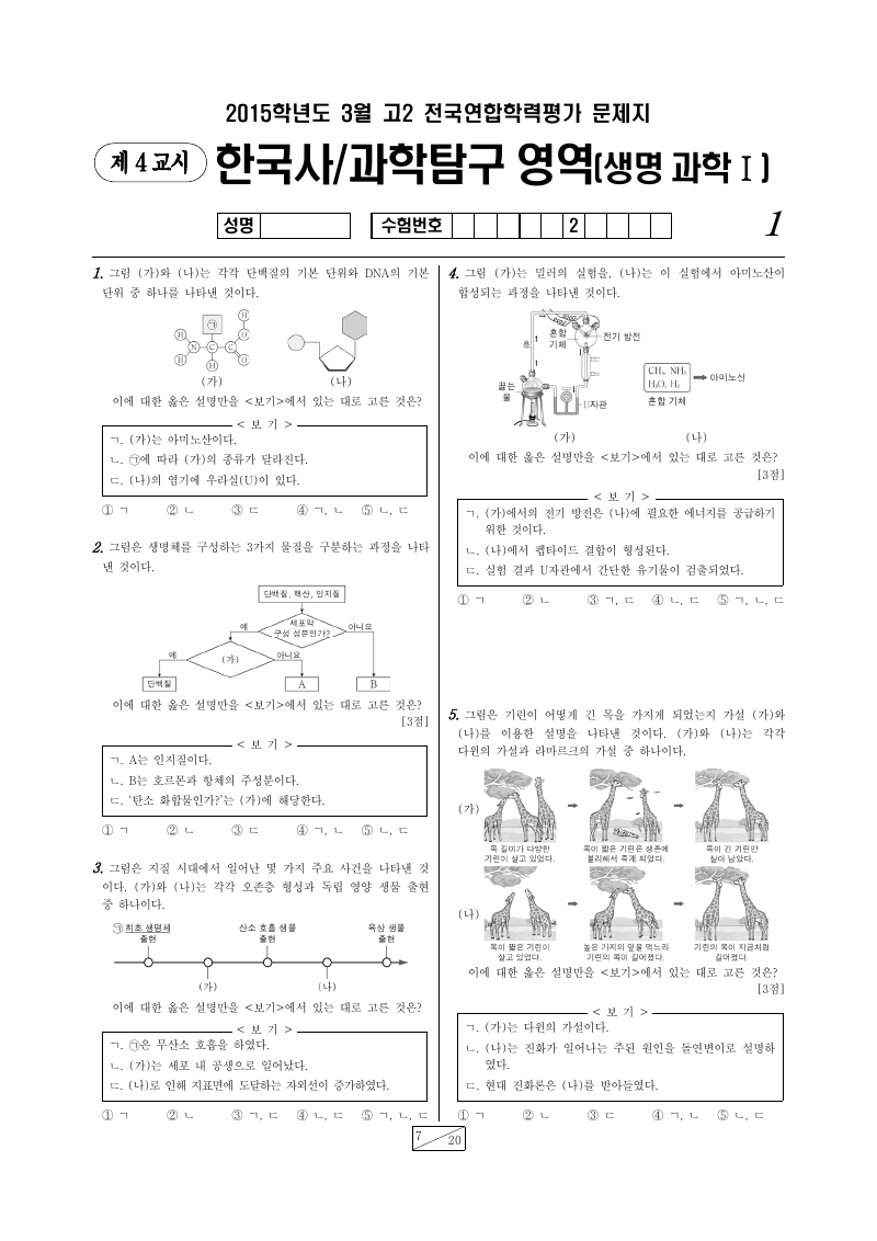 2015년 3월 고2 학력평가 생명과학1 시험지 첫 페이지