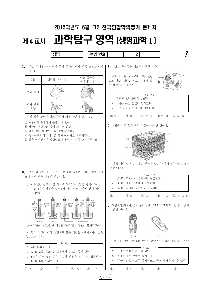 2015년 6월 고2 학력평가 생명과학1 시험지 첫 페이지