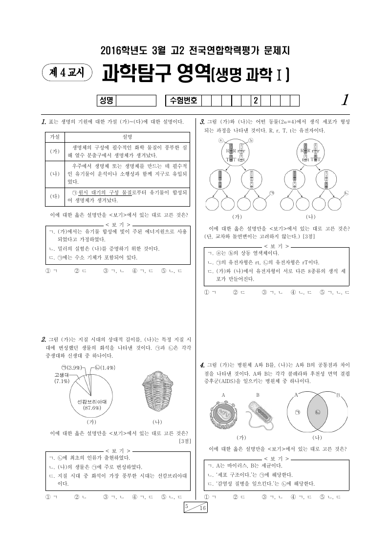 2016년 3월 고2 학력평가 생명과학1 시험지 첫 페이지