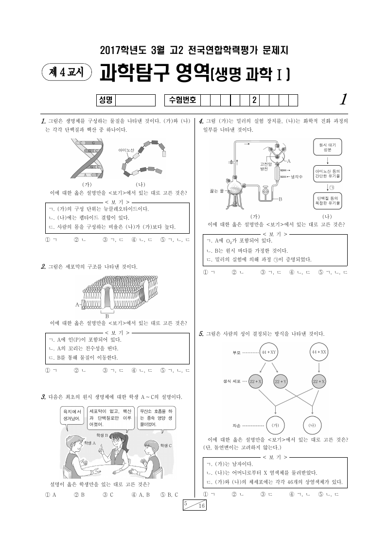 2017년 3월 고2 학력평가 생명과학1 시험지 첫 페이지