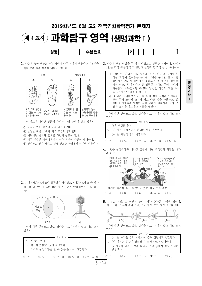 2019년 6월 고2 학력평가 생명과학1 시험지 첫 페이지