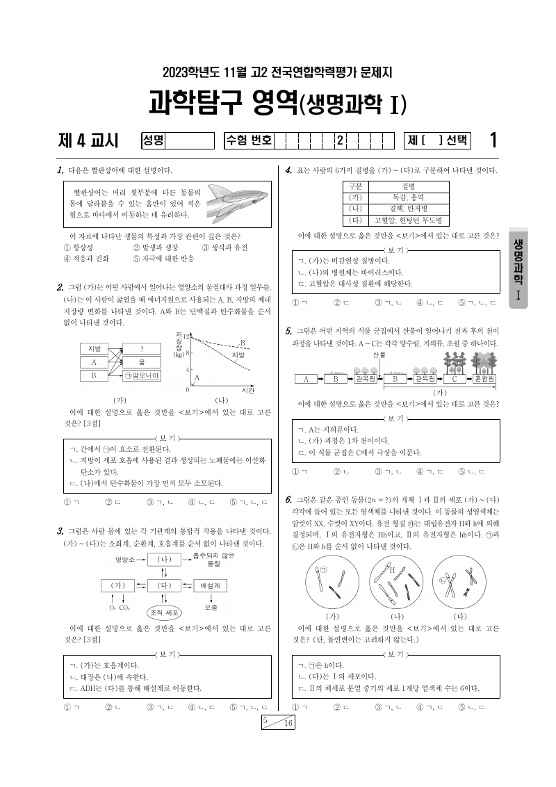 2023년 11월 고2 학력평가 생명과학1 시험지 첫 페이지