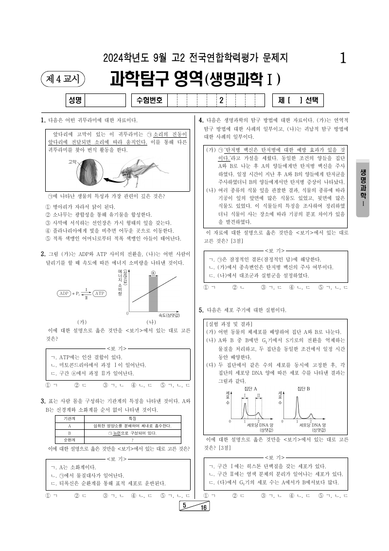 2024년 9월 고2 학력평가 생명과학1 시험지 첫 페이지