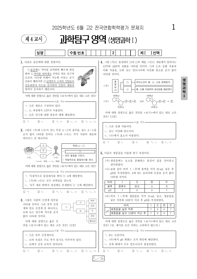 2025년 6월 고2 학력평가 생명과학1 시험지 첫 페이지