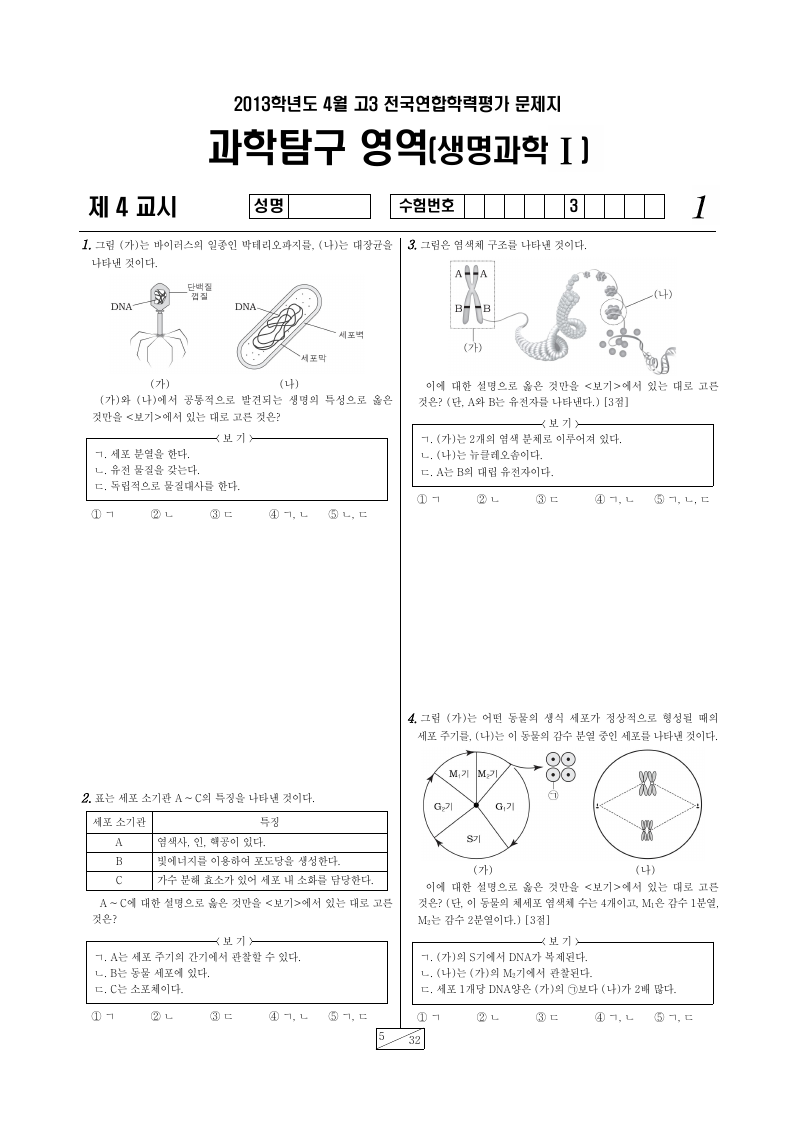 2013년 4월 고3 학력평가 생명과학1 시험지 첫 페이지