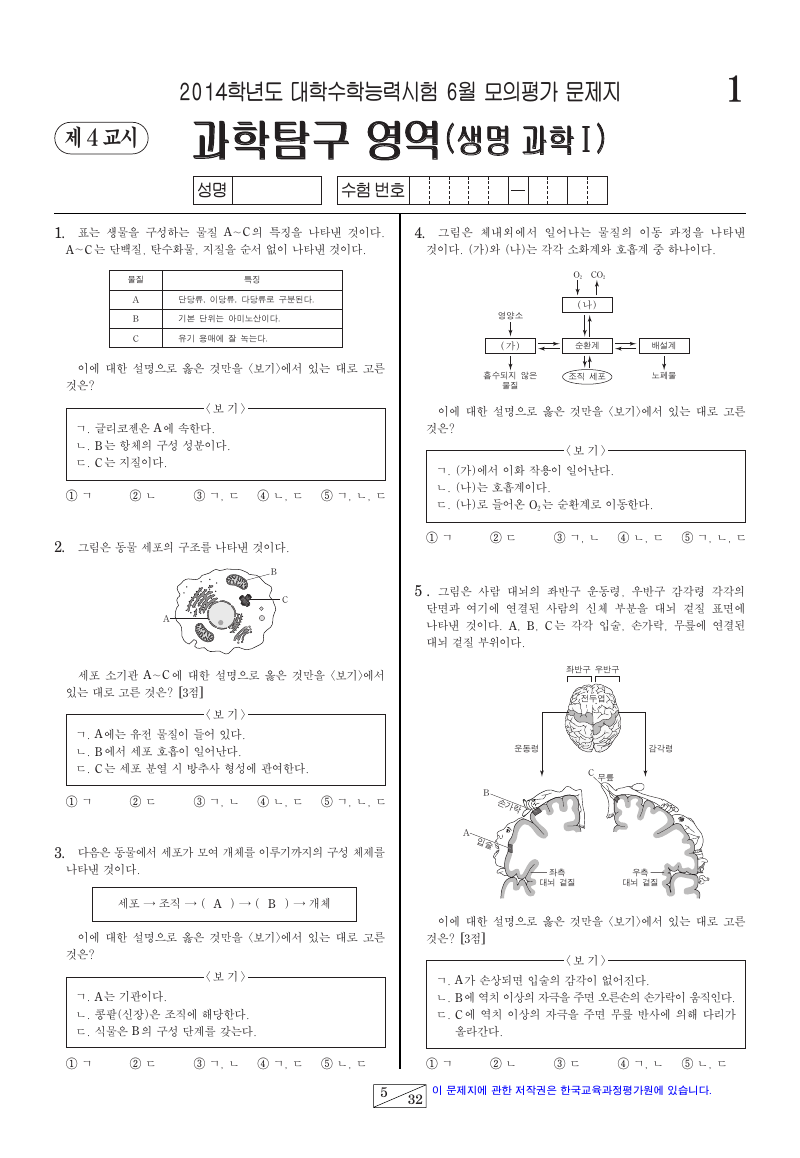 2014학년도 6월 모의평가 생명과학1 시험지 첫 페이지