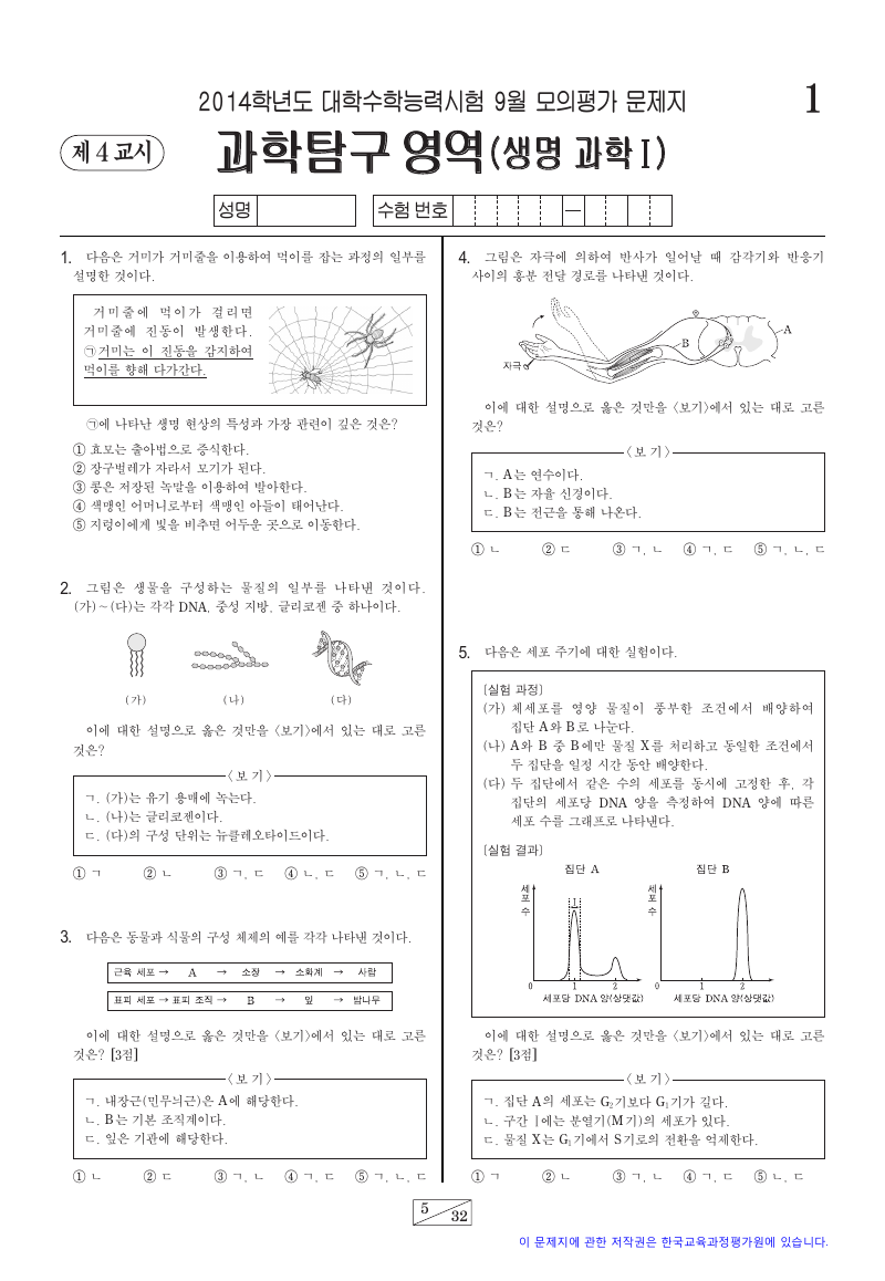 2014학년도 9월 모의평가 생명과학1 시험지 첫 페이지