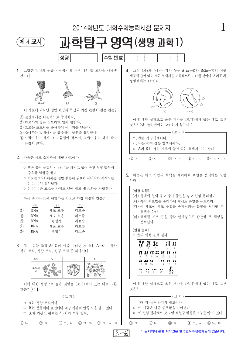 2014학년도 대학수학능력시험 생명과학1 시험지 첫 페이지