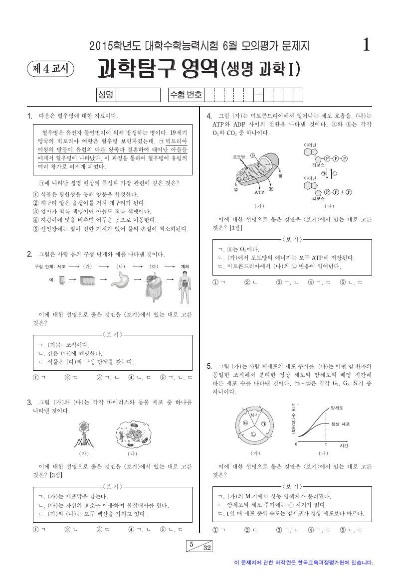 2015학년도 6월 모의평가 생명과학1 시험지 첫 페이지