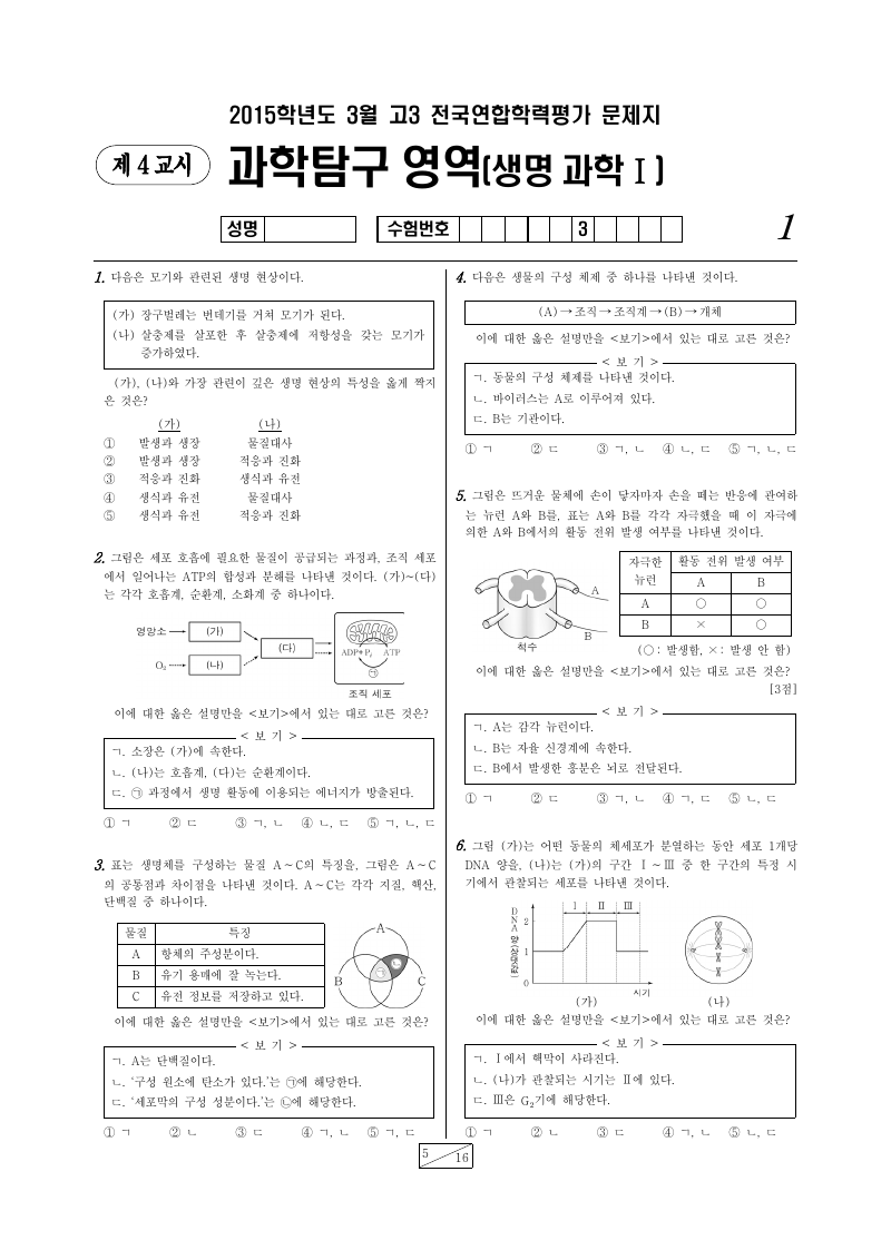 2015년 3월 고3 학력평가 생명과학1 시험지 첫 페이지