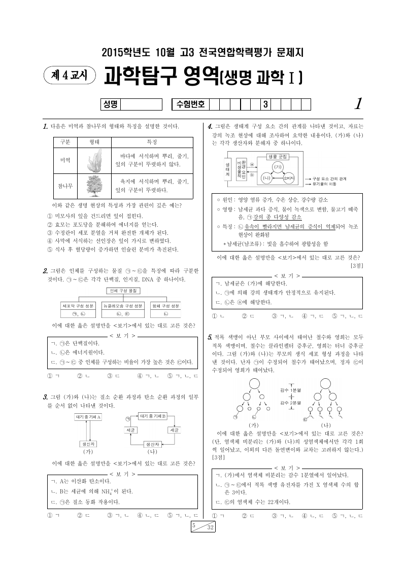 2015년 10월 고3 학력평가 생명과학1 시험지 첫 페이지