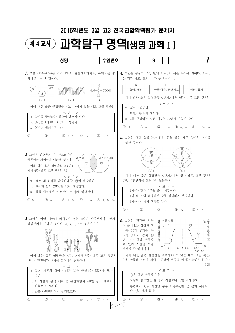 2016년 3월 고3 학력평가 생명과학1 시험지 첫 페이지