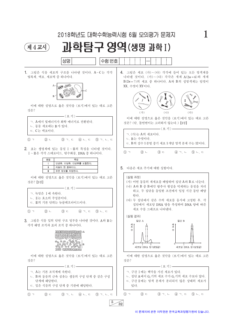 2018학년도 6월 모의평가 생명과학1 시험지 첫 페이지