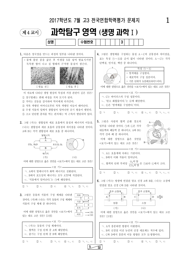2017년 7월 고3 학력평가 생명과학1 시험지 첫 페이지