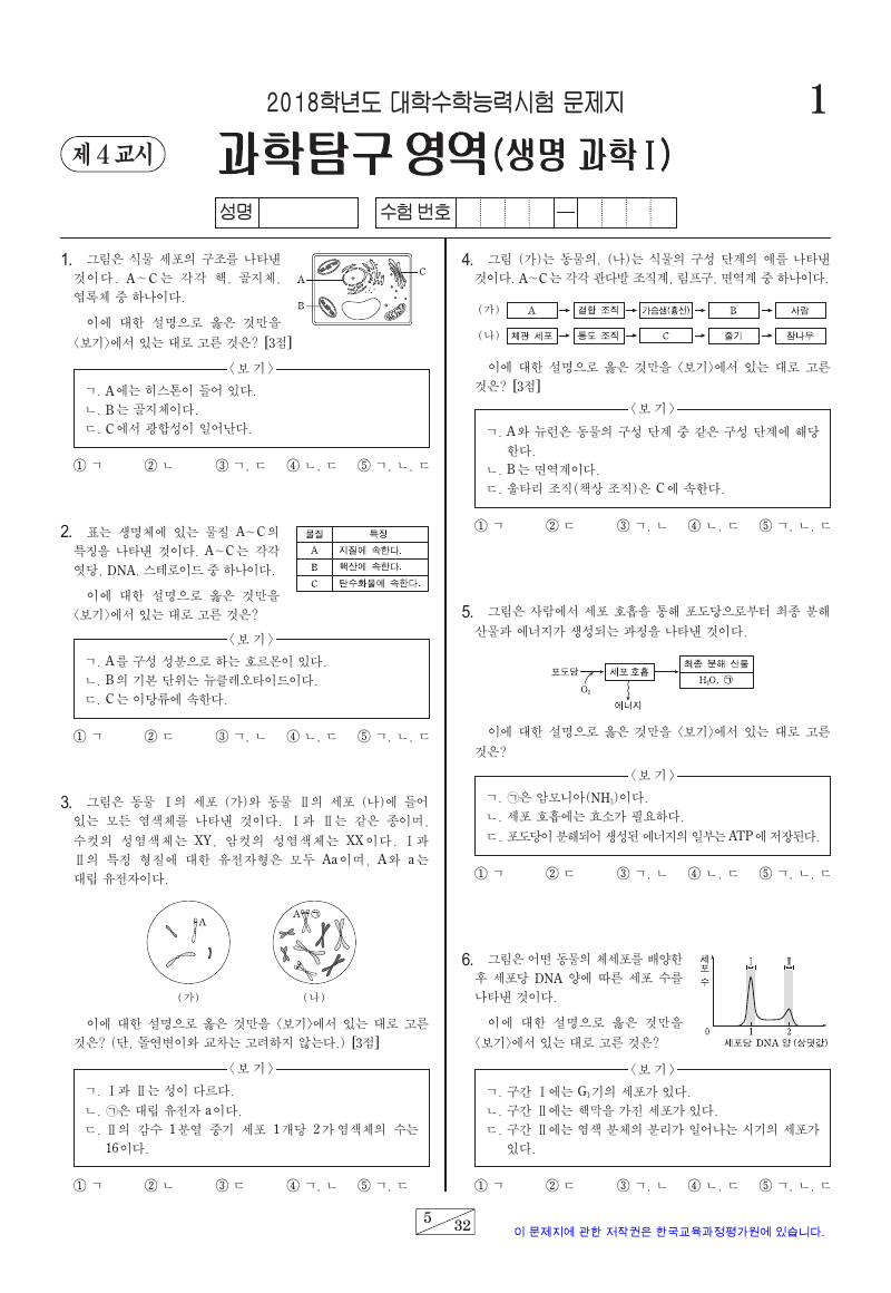 2018학년도 대학수학능력시험 생명과학1 시험지 첫 페이지