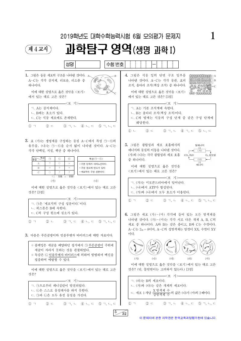 2019학년도 6월 모의평가 생명과학1 시험지 첫 페이지