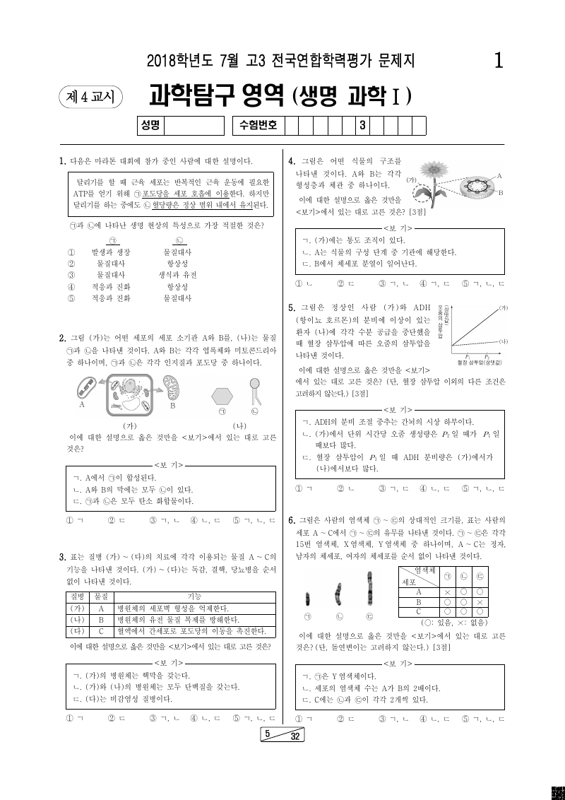 2018년 7월 고3 학력평가 생명과학1 시험지 첫 페이지