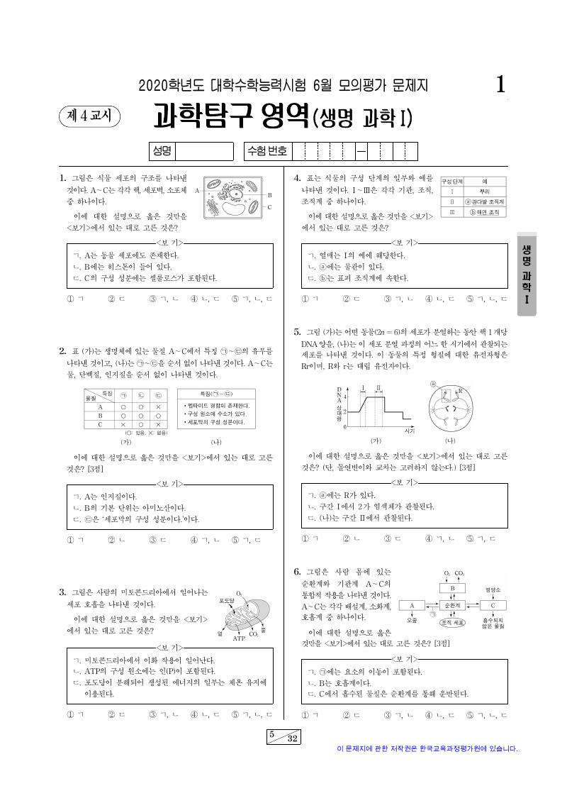 2020학년도 6월 모의평가 생명과학1 시험지 첫 페이지