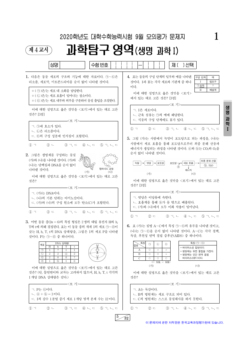 2020학년도 9월 모의평가 생명과학1 시험지 첫 페이지