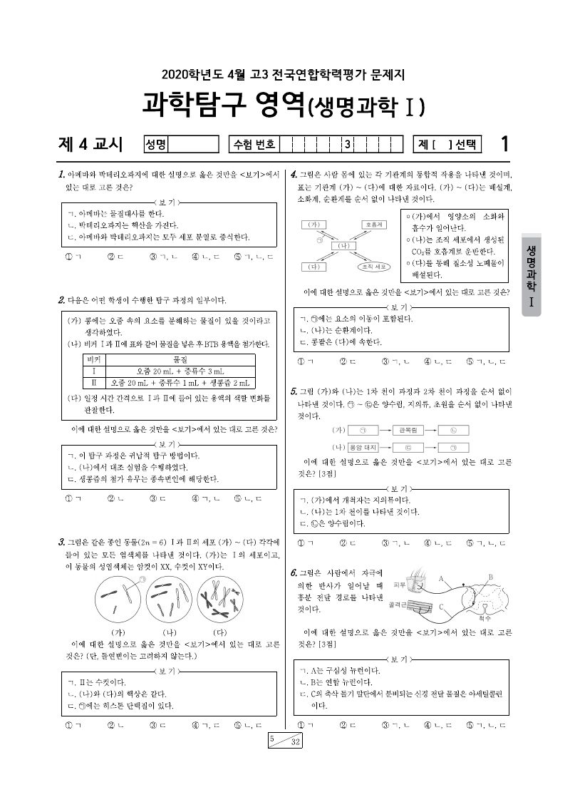 2020년 4월 고3 학력평가 생명과학1 시험지 첫 페이지