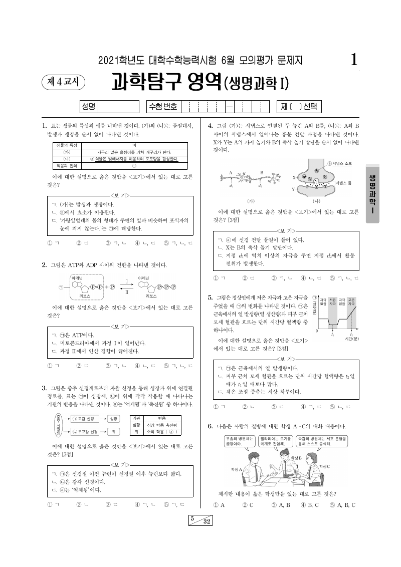 2021학년도 6월 모의평가 생명과학1 시험지 첫 페이지