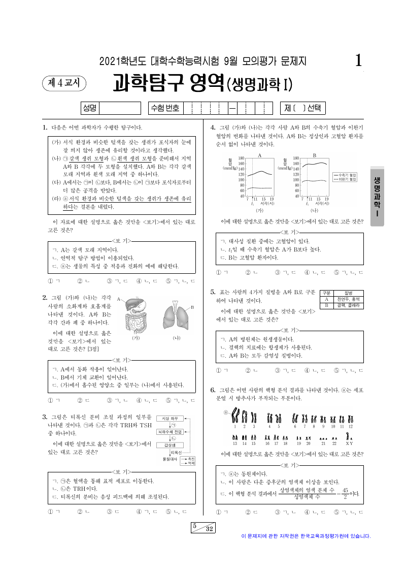 2021학년도 9월 모의평가 생명과학1 시험지 첫 페이지
