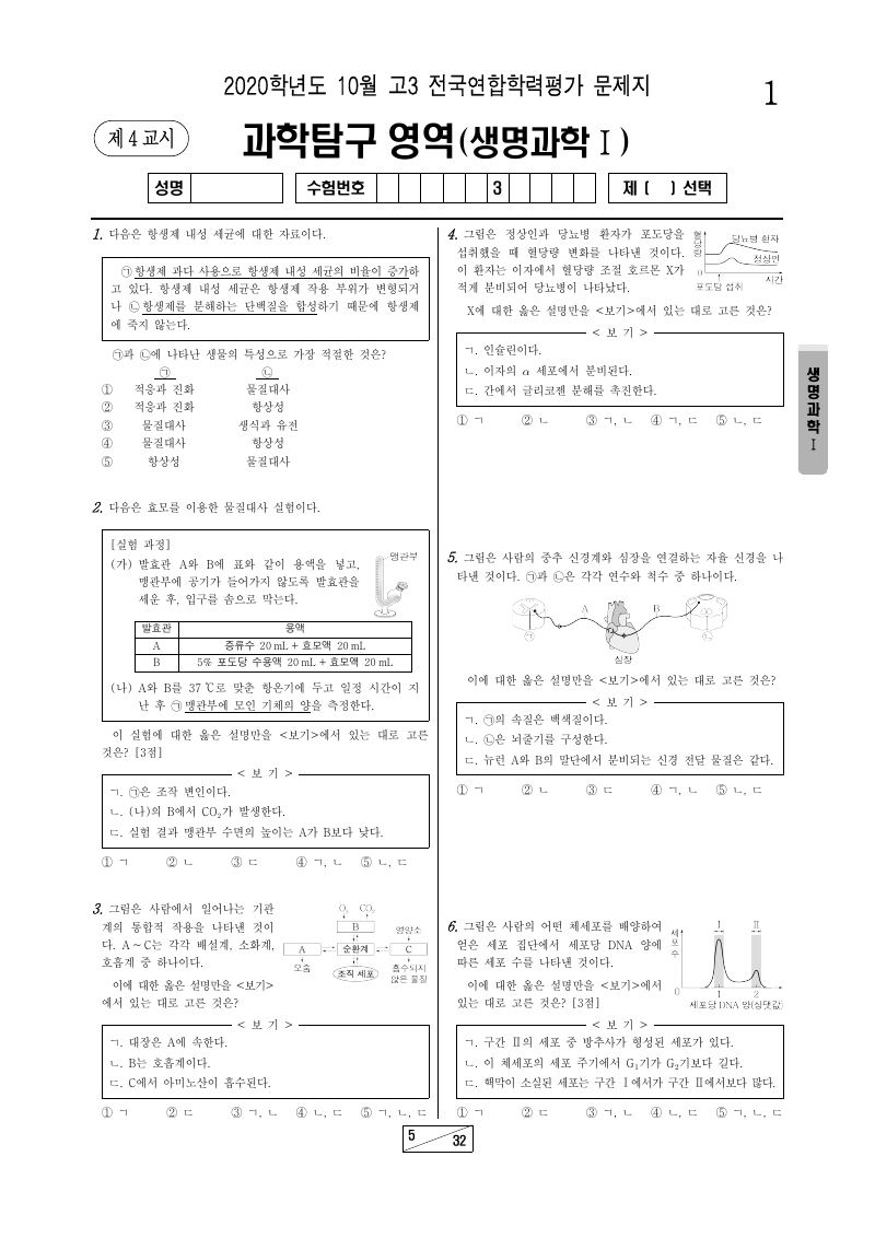 2020년 10월 고3 학력평가 생명과학1 시험지 첫 페이지