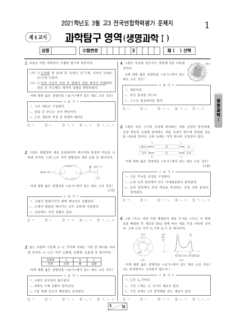 2021년 3월 고3 학력평가 생명과학1 시험지 첫 페이지