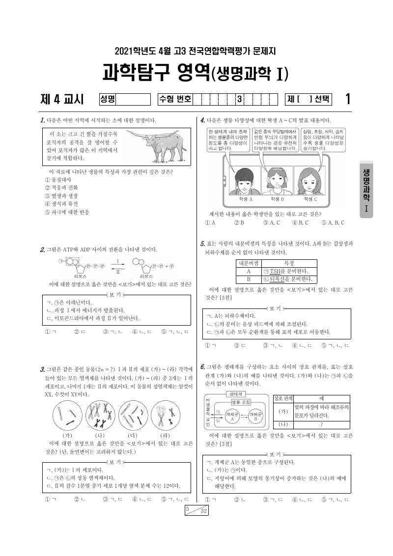 2021년 4월 고3 학력평가 생명과학1 시험지 첫 페이지