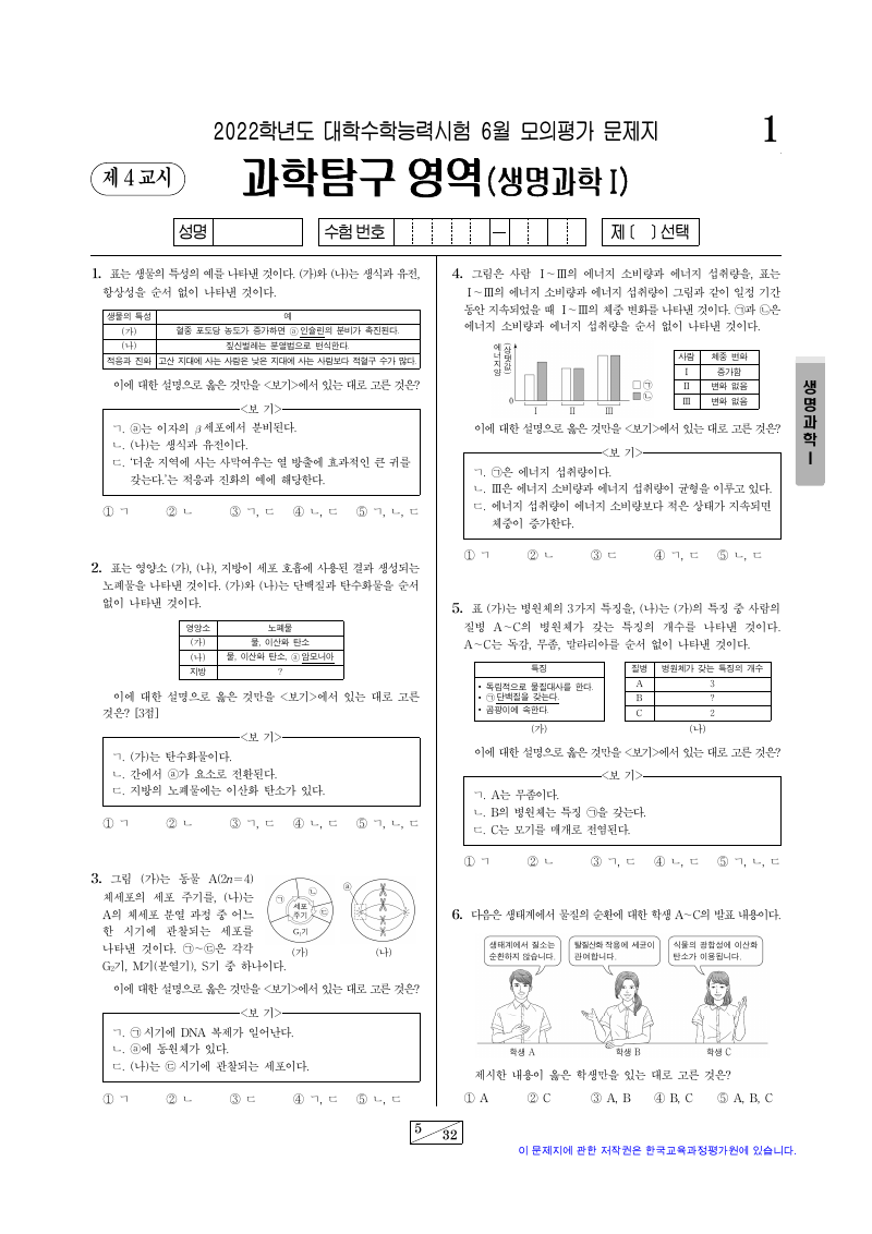 2022학년도 6월 모의평가 생명과학1 시험지 첫 페이지