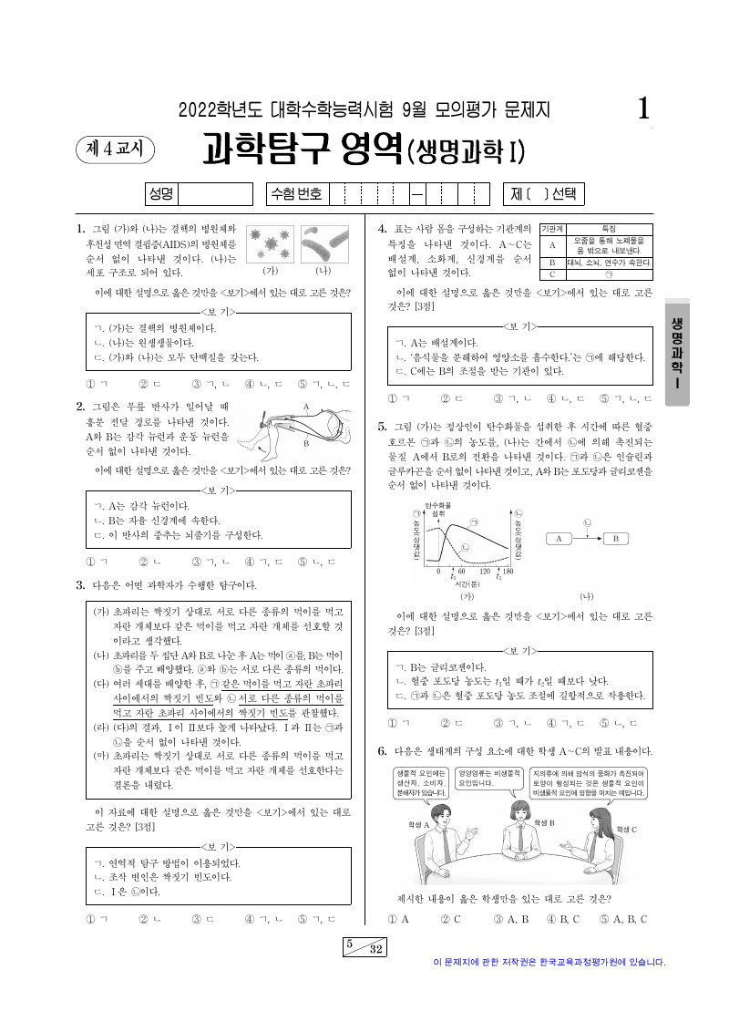 2022학년도 9월 모의평가 생명과학1 시험지 첫 페이지