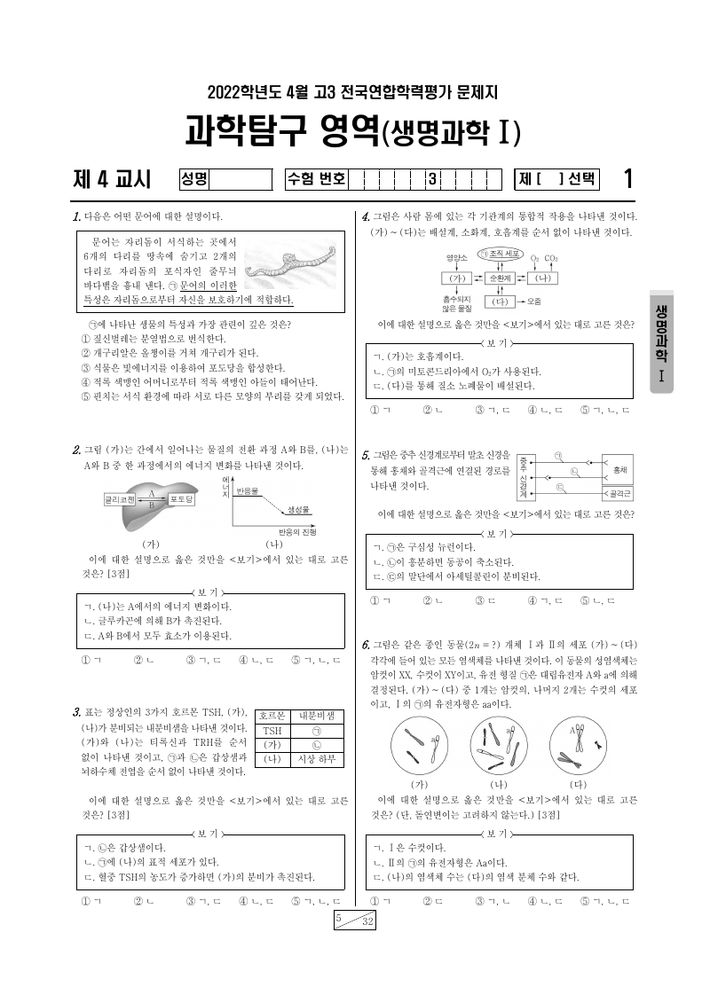 2022년 4월 고3 학력평가 생명과학1 시험지 첫 페이지