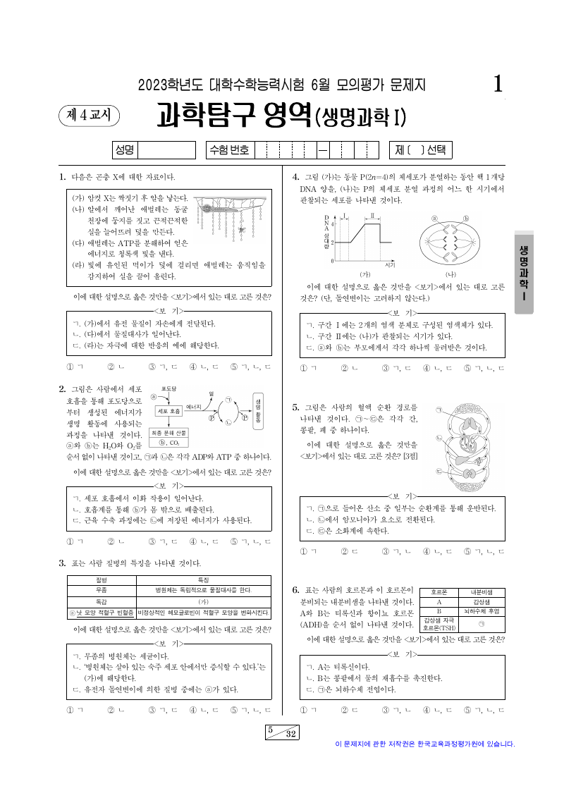 2023학년도 6월 모의평가 생명과학1 시험지 첫 페이지