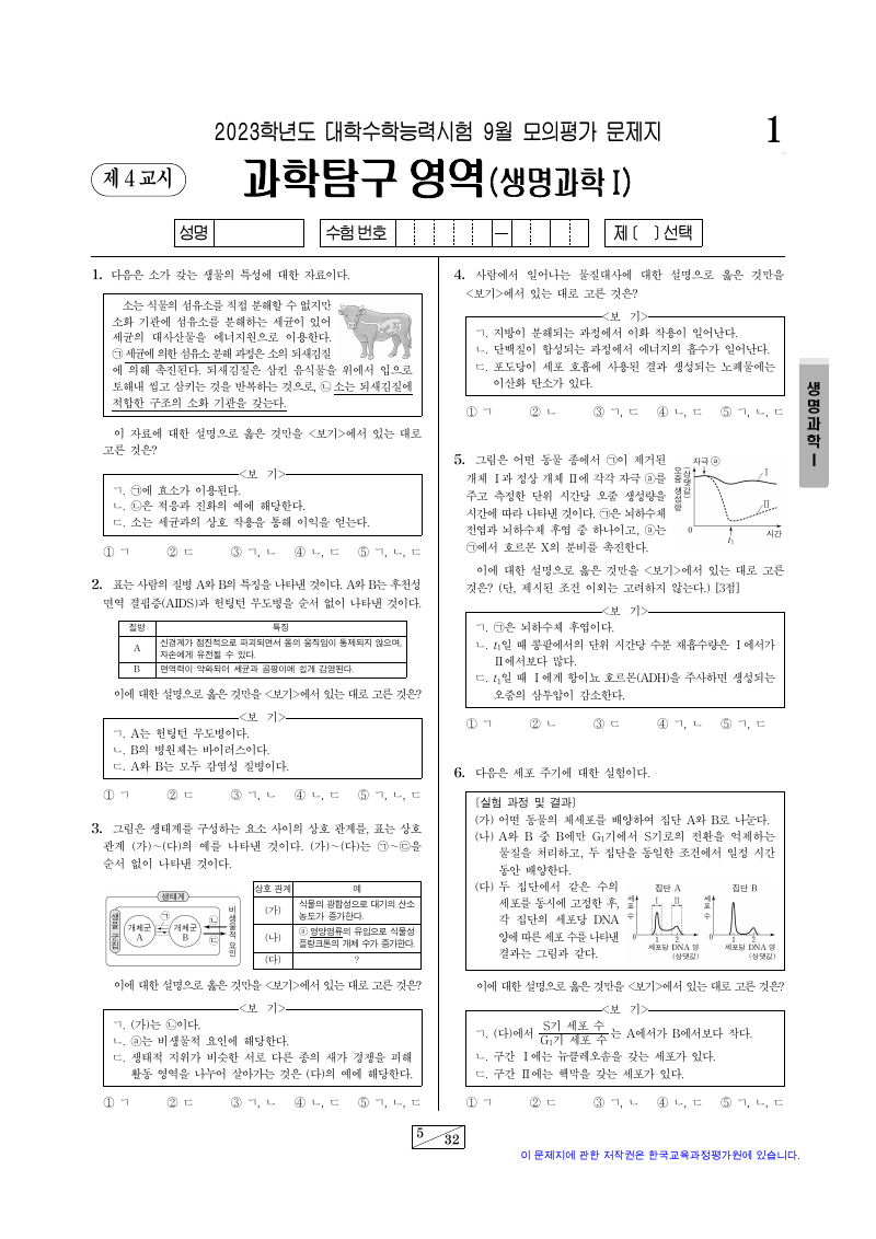 2023학년도 9월 모의평가 생명과학1 시험지 첫 페이지