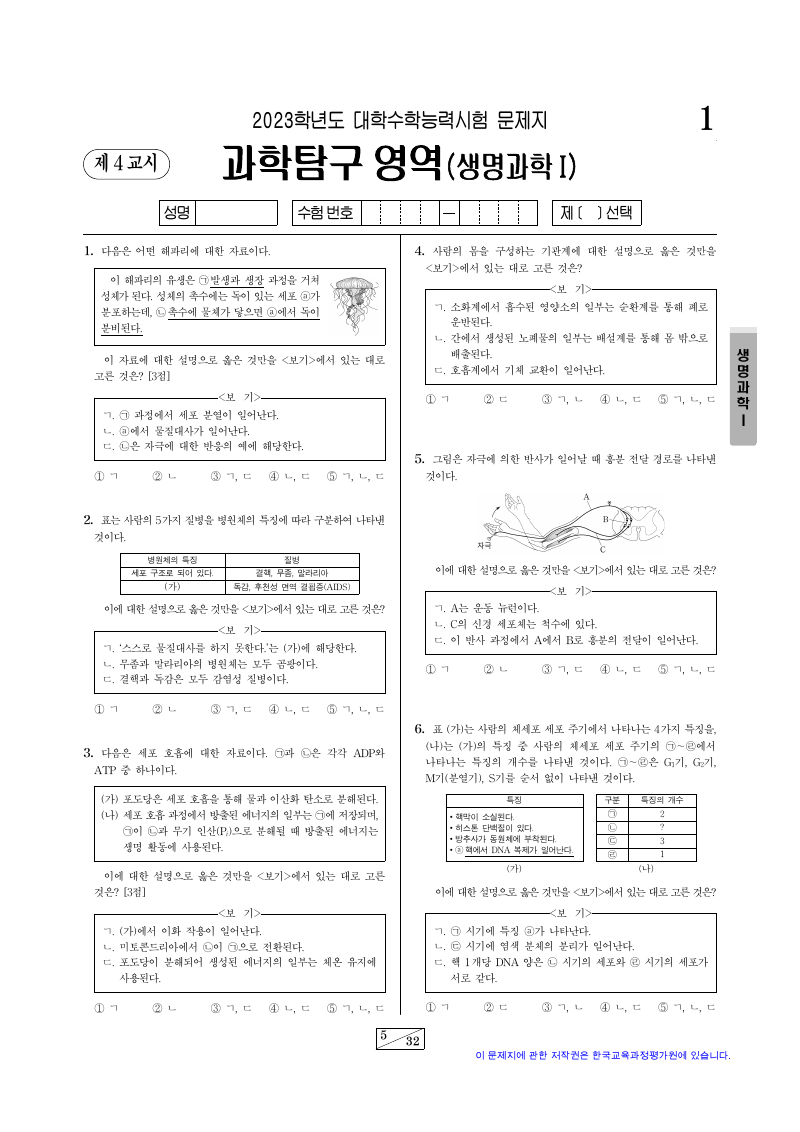 2023학년도 대학수학능력시험 생명과학1 시험지 첫 페이지