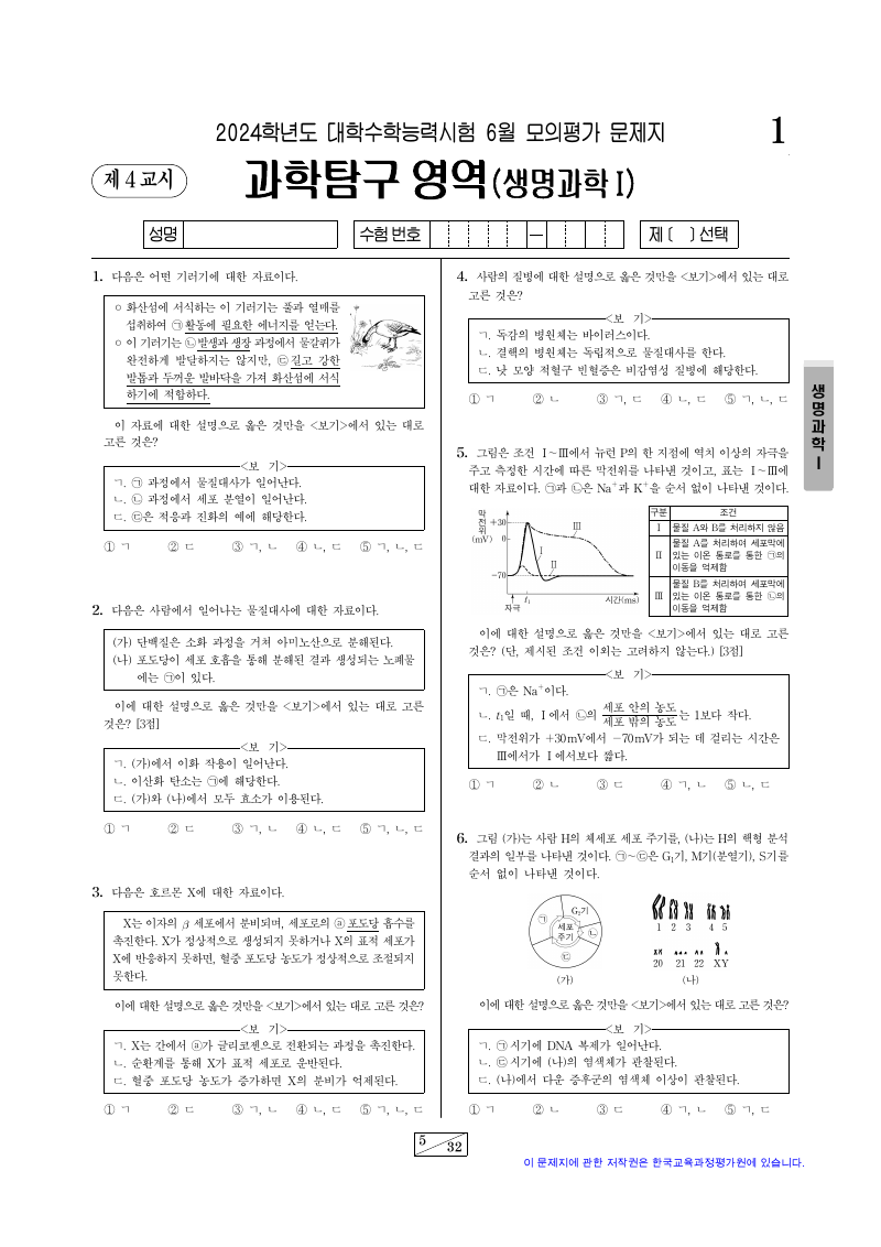 2024학년도 6월 모의평가 생명과학1 시험지 첫 페이지