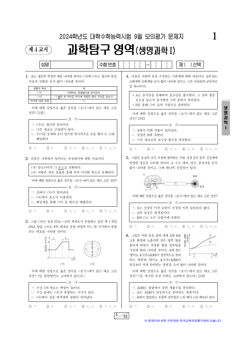 2024학년도 9월 모의평가 생명과학1 시험지 첫 페이지