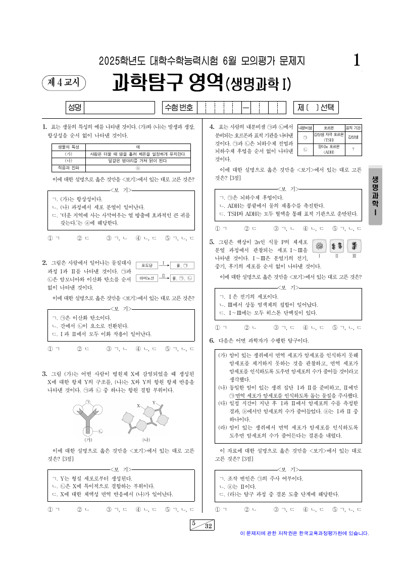 2025학년도 6월 모의평가 생명과학1 시험지 첫 페이지