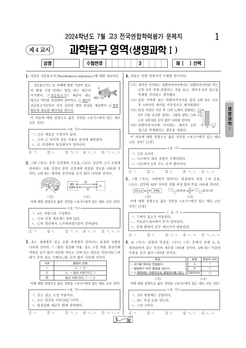 2024년 7월 고3 학력평가 생명과학1 시험지 첫 페이지