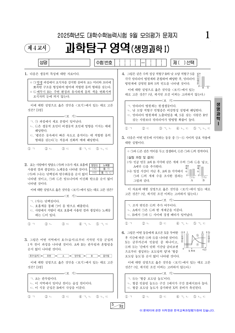 2025학년도 9월 모의평가 생명과학1 시험지 첫 페이지