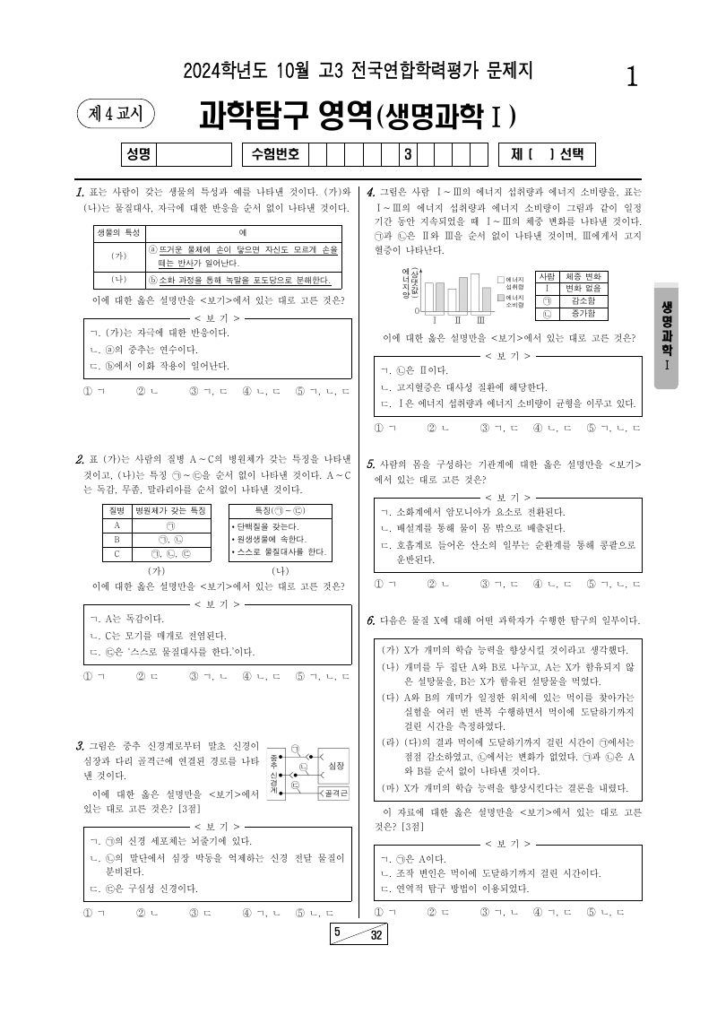 2024년 10월 고3 학력평가 생명과학1 시험지 첫 페이지
