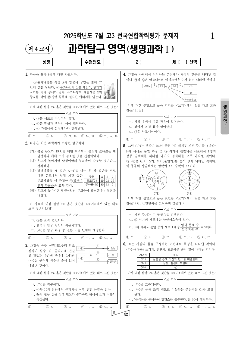 2025년 7월 고3 학력평가 생명과학1 시험지 첫 페이지